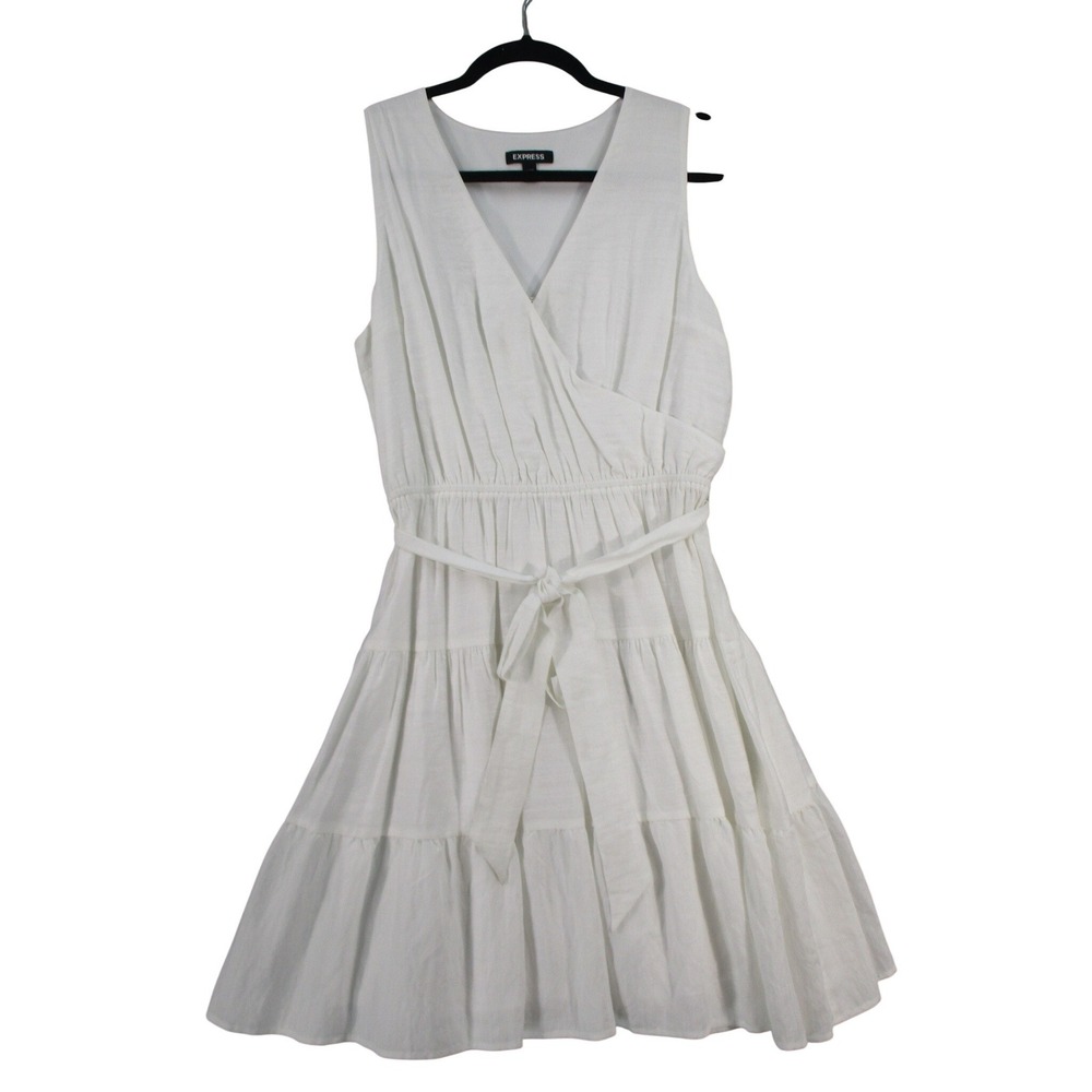 Express‎ Womens White Sleeveless Tiered Surplice V-Neck Belted Mini Dress Size M